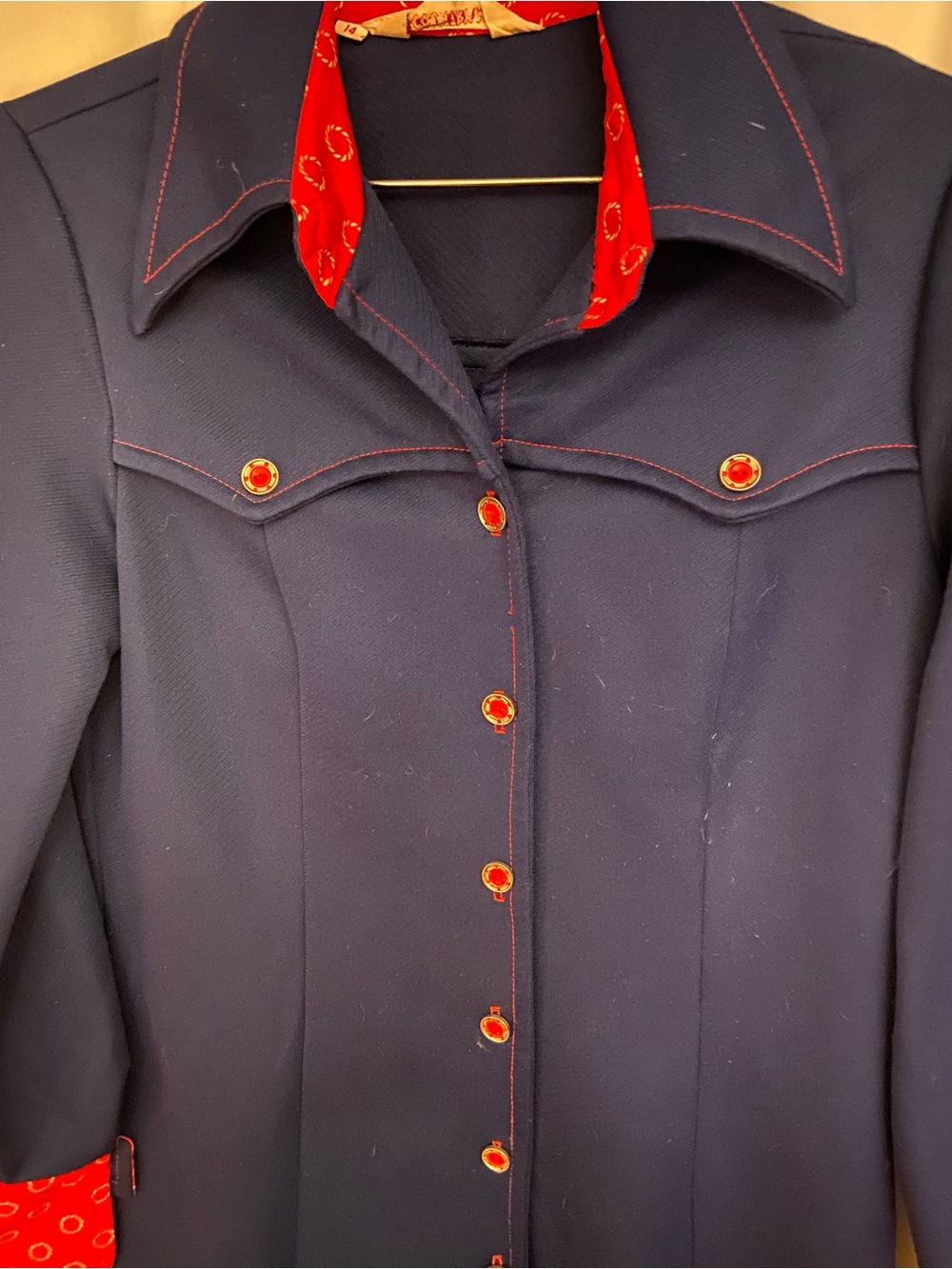VINTAGE Navy Long Sleeve Dress with Red Accents - Picture 3 of 8